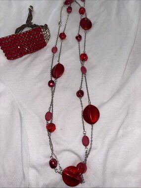 Nine West Red Long Beaded Statement Necklace